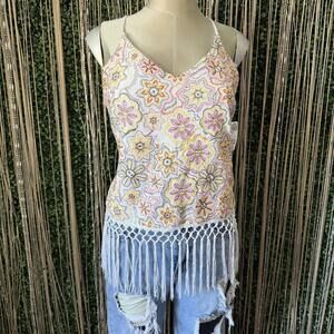 Bohemian Floral Embroidered Fringe Tank Top XOXO NWT